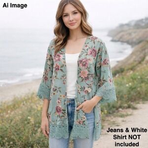 Jolt Floral Lace Trim Kimono Cardigan Women XS Boho Cottagecore Coastal Romantic